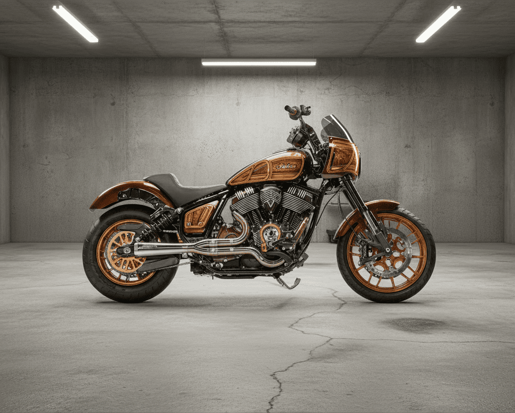 A customized Indian Sport Chief motorcycle with a glossy copper-and-brown wood-grain paint and matching copper multi-spoke wheels, a black leather seat and an exposed black-and-chrome engine
